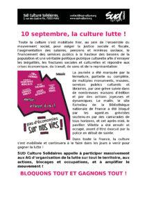 Tract mis en page du communiqué ci-dessus, dans l'article, il y a une illustration sur laquelle on peut lire : Réforme de l'assurance chômage… Doublement des franchises médicales Gel des salaires Coupes dans les services publics Suppression de deux jours fériés Désindexation des pensions de retraites pourtant… de l'argent, il y en a ! PAS D'ÉCONOMIES SUR NOS VIES !